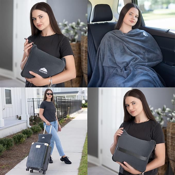 BlueHills Premium Soft Long Travel Blanket Pillow for Tall Airplane Flight Blanket Throw in Soft Bag case with Hand Luggage Belt & Backpack Clip Compact Pack Large Grey Gray T052