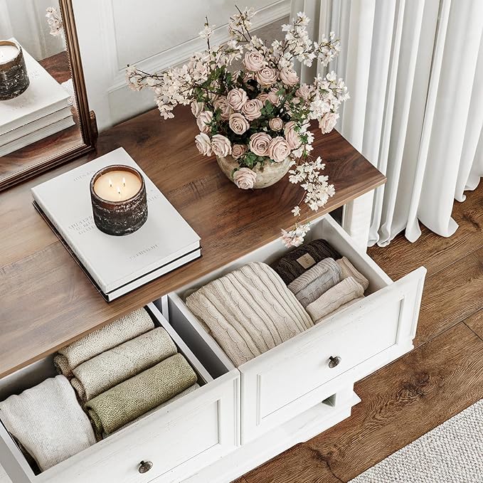 Fkhouse 52" Farmhouse 7 Drawer Dresser for Bedroom,Tall Wide Wood Country Rustic Chest of Drawers,Column Decor,Retro Handle,Natural Texture,Wood Vintage TV Stand,Antique White