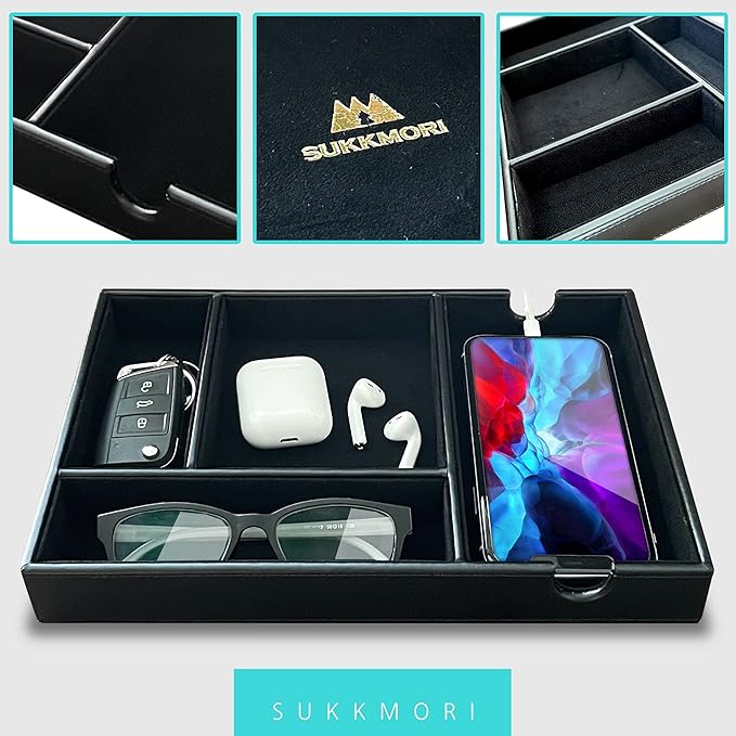 Valet Tray for Men and Women - PU Leather Desktop Organizer with 4 Compartments, Dresser Catchall Tray for Keys, Watch