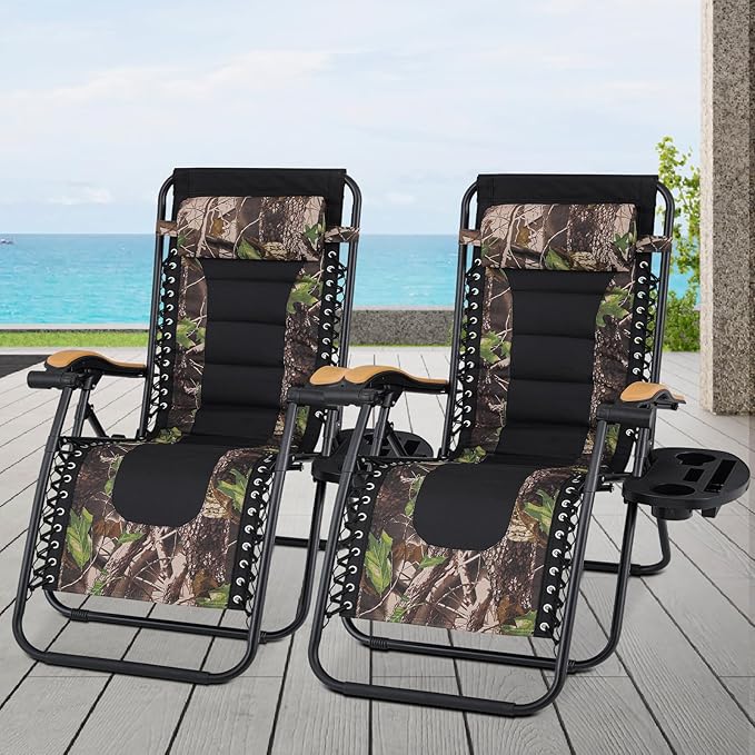 Athena Collection Zero Gravity Outdoor Lounge Chair Set of 2 with Cup Holder, 29" Width Pool Lounge Lawn Chairs Reclining, Outdoor Chaise for Beach Patio Backyard Outside, Jungle