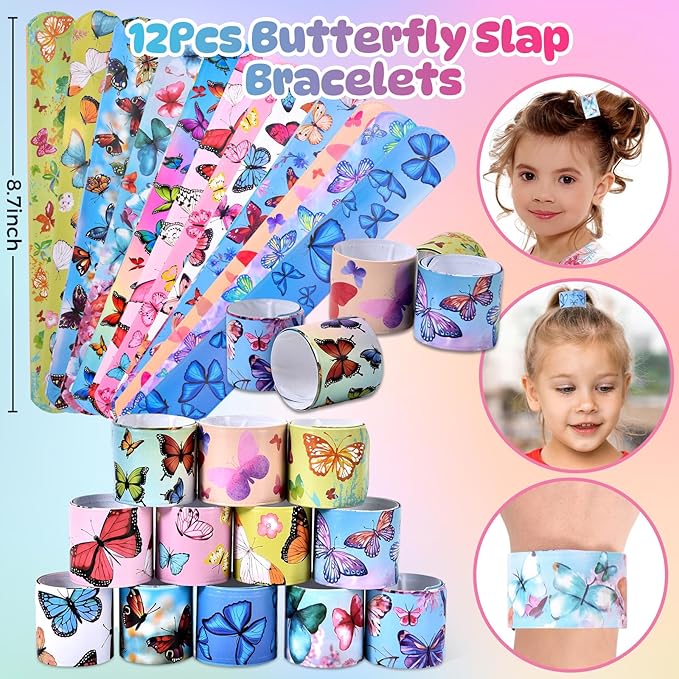 98 Butterfly Party Favors Fairy Birthday Party Supplies for Girls Kid Straw Bubble Wand Slap Bracelet Keychain Sticker Toy Gift Prize Goodie Bag Stuffer Butterfly Decorations Girl Party Favors