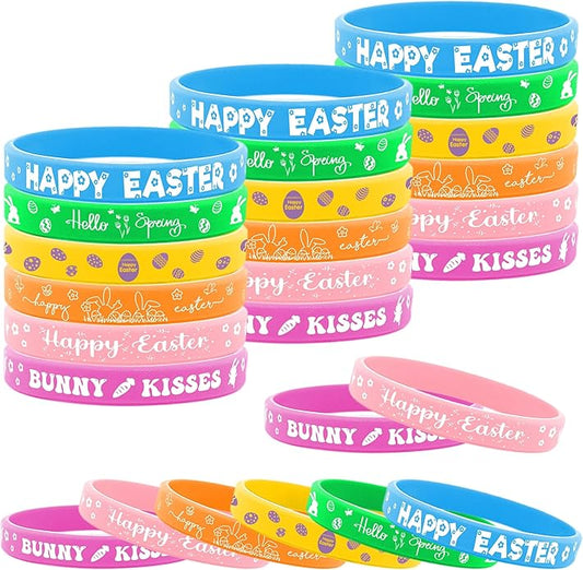 Lesnala 48 PCS Easter Rubber Wristband Theme Party Silicone Bracelet for Kids Teens Women Men Gifts Holiday Accessories Basket Stuffers Supplies