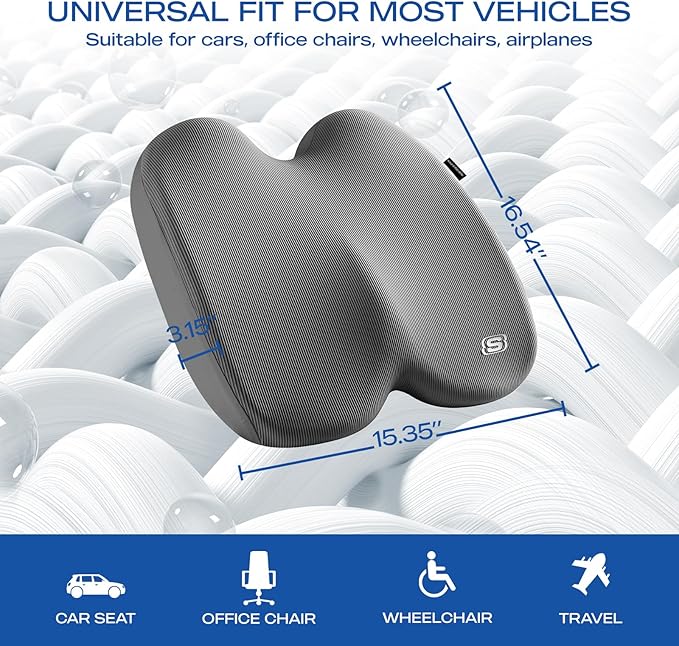 Skechers Seat Cushion, Ergonomic Memory Foam Cushion for Long Sitting Hours on Office & Home Chair, Car Seat Cushion for Sciatica, Coccyx Cushion,Gray