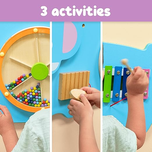 SPARK & WOW Elephant Activity Wall Panel - Ages 18m+ - Montessori Sensory Wall Toy - 3 Activities - Busy Board - Toddler Room Décor