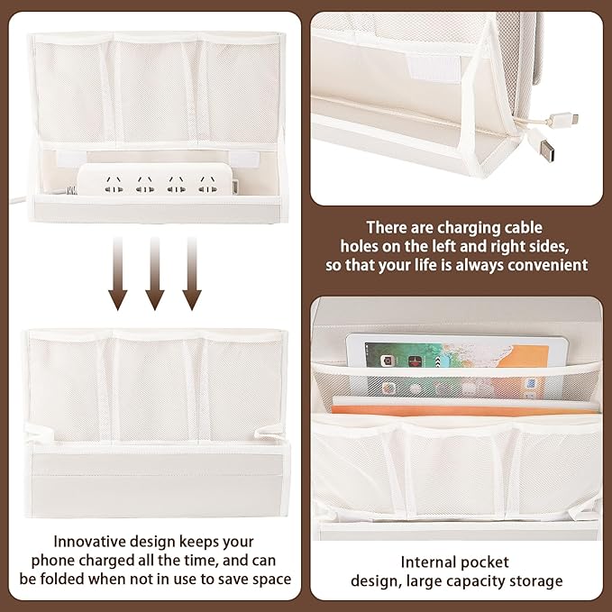 Bedside Caddy Bedside Storage Organizer Bedside Organizer with Power Strip Holder and 2 Adjustable Straps for Home Bunk Bed College Dorm Sofa (White)