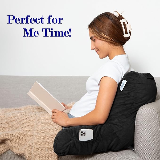 ComfortSpa Reading Pillow for Kids Teens Adult, Back Rest Pillow with Arms, Pockets, Washable Cover; Use as a Back Pillow for Bed Sitting Up for Bedrest or Relief from GERD Heartburn (Standard Black)
