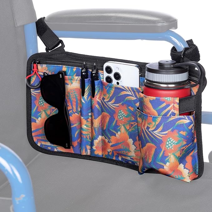 JOYTUTUS Walker Side Bag, Wheelchair Armrest Storage Pouch with Cup Holder, Wheelchair Accessories for Seniors, Walker Bag Cup Holder for Walker, Rollator, Electric Scooter or Wheelchair Orange