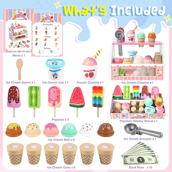 Ice Cream Toy, Wooden Ice Cream Toys for Kids Toddlers, Pretend Play Kitchen Food Toys, Ice Cream Counter Shop Playset for Kids, Kids Ice Cream Cart, Toys for 3 4 5 6 7 8 Year Old Girls Boys