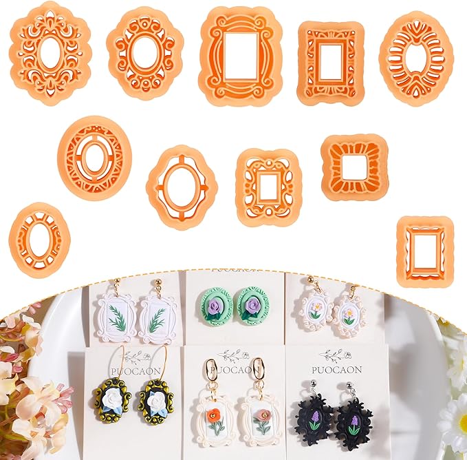 Puocaon Vintage Frame Clay Cutters - 11 Pcs Clay Cutters for Polymer Clay Earrings Jewelry, Mini Ornate Frame Clay Earring Cutters, Antique Picture Photo Portrait Clay Cutters for Jewelry Making