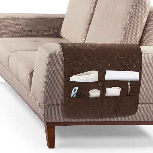 uxcell Couch Sofa Armrest Organizer Non-Slip Chair Arm Recliner Remote Control Organizer with 6 Pockets for Books, Magazines, Tablet, Phone, Plaid Coffee