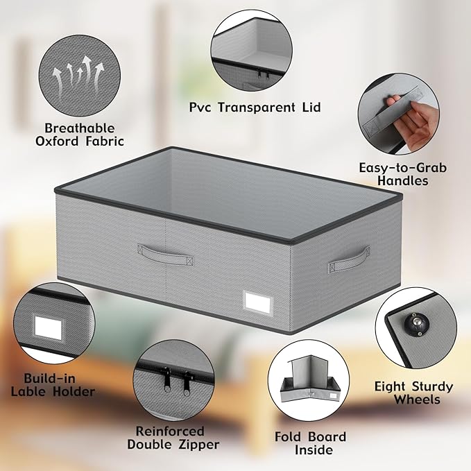 Under Bed Storage with Wheels, No Assemble Required 10 inches height Under Bed Storage bins,Large capacity Rolling Underbed Shoe Storage containers，dorm underbed storage drawers