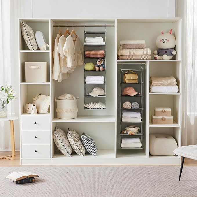 MAX Houser 6 Tier Shelf Hanging Closet Organizer, Closet Hanging Shelf with 2 Sturdy Hooks for Storage, Foldable (Light Grey)