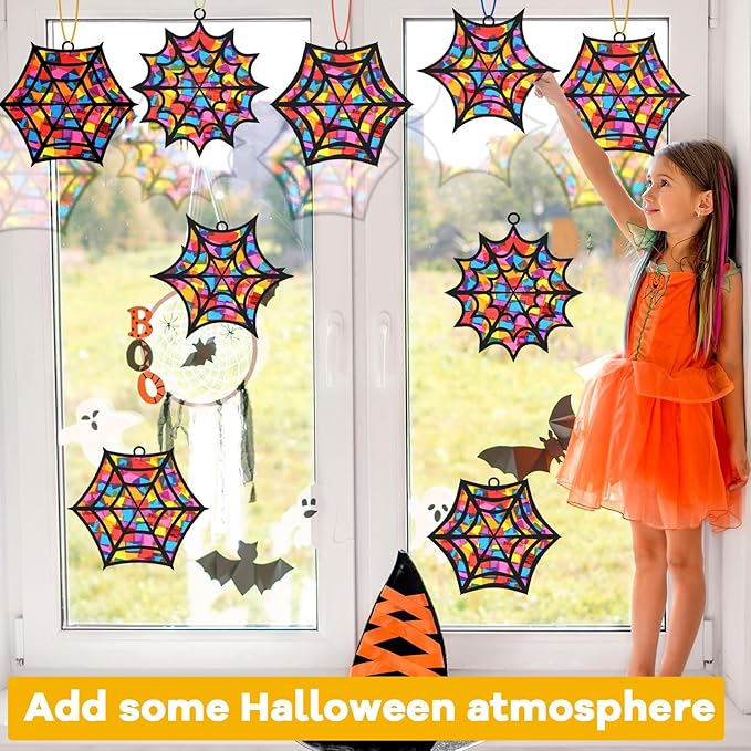 32Pcs Halloween Suncatcher Kit Halloween Window Art DIY Suncatcher Crafts for Kids Spider Web Sun Catcher Craft Stained Glass Effect Tissue Paper Halloween Party Favors Kids Classroom Decor