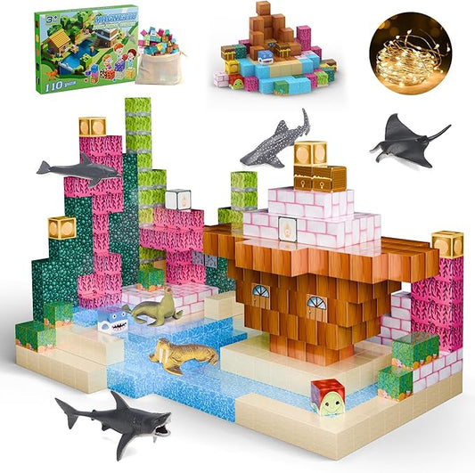 Magnetic Blocks 110PCS with 6 Animal Toys, Ocean Building Blocks Set, Toys for Boys & Girls Age 6-8, STEM Montessori Stacking Building Toys for Toddlers Sensory Toy for Kids 6+