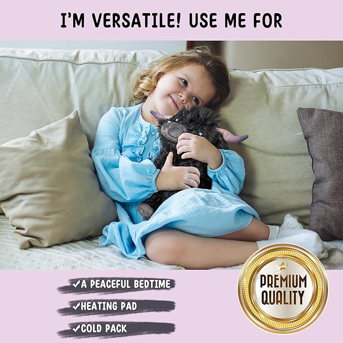 Happy Fuel Highland Cow Microwavable 1.5lbs Unscented Heating Pad for Women & Kids- Cute Soft Cozy Pillow Plush Heatable Warm Stuffed Animals- Kawaii Hot & Cold Plushie Toy- Cow Gifts for Girls & Boys