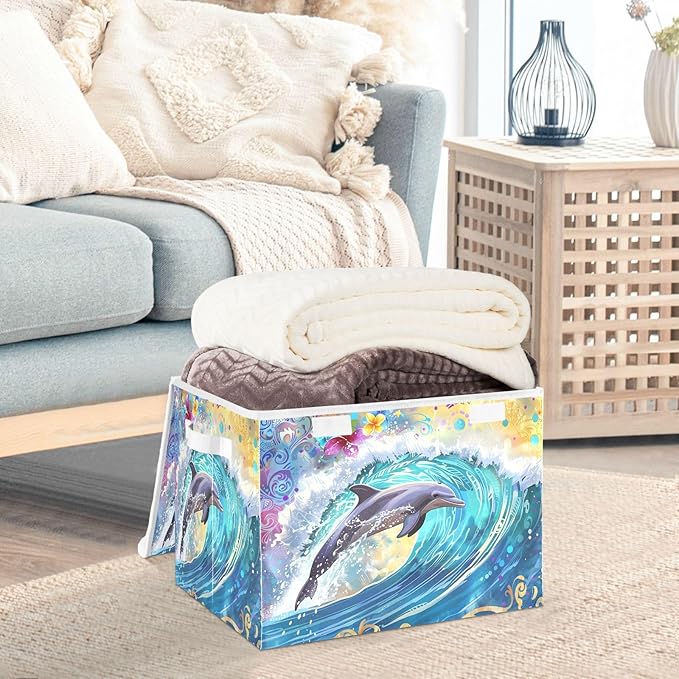 senya Large Storage Bins with Linen Collapsible Foldable Storage Cubes Fabric Closet Organizer Containers box with Flip-Top Lid for Home Bedroom Office 16.7 x 12.6 x 11.8in (Dolphin)