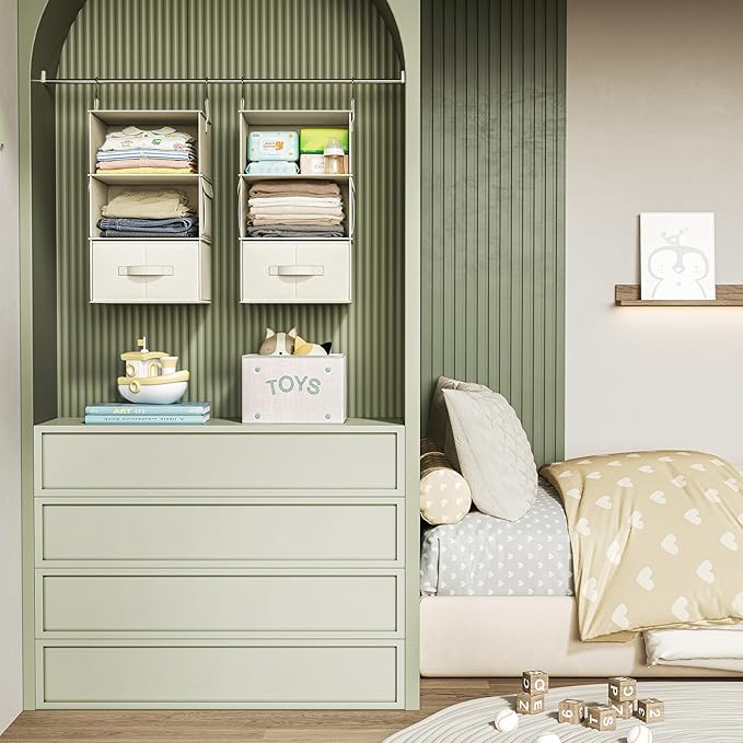 Vailando 3-Shelf Hanging Closet Organizer, Set of 2 Hanging Shelves with 2 Drawers for Wardrobe, Nursery, Baby Clothes Storage and Organization, Beige