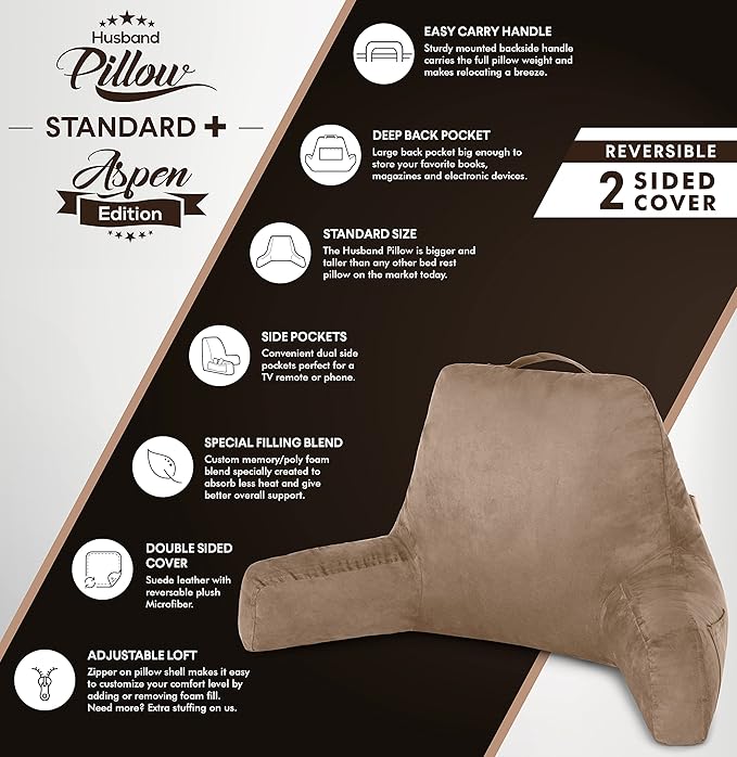 Husband Pillow Aspen Saddle Brown, Reading Pillow Bed Rest Chair, Two-Sided Reversible Fabric, Large Lounge Cushion Adult Backrest with Arms, Comfy Back Support for Sit Sitting Up, Wash/Remove Cover