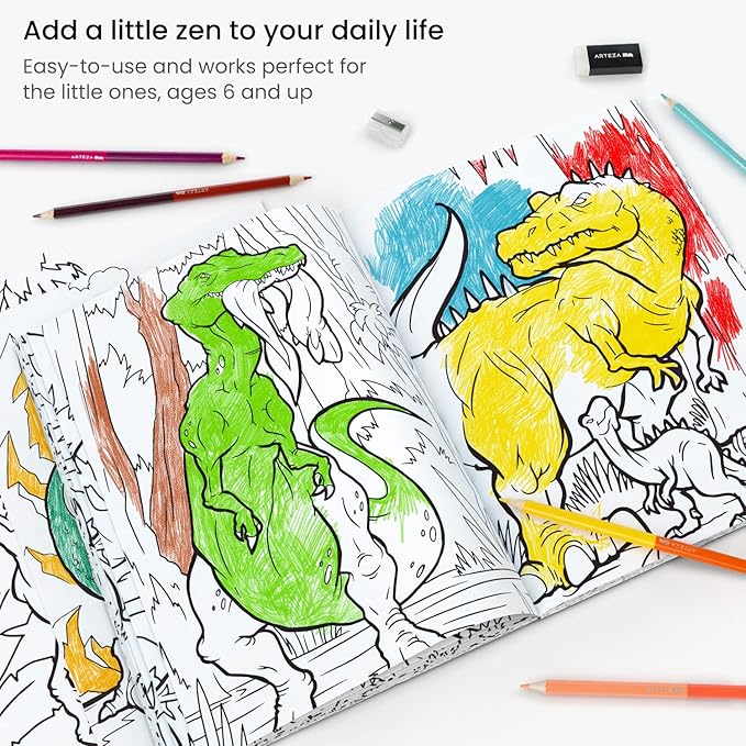 ARTEZA Kids Coloring Book and Colored Pencils Set, Dinosaur Illustrations, 50 Double-Sided Sheets, 100-lb Paper