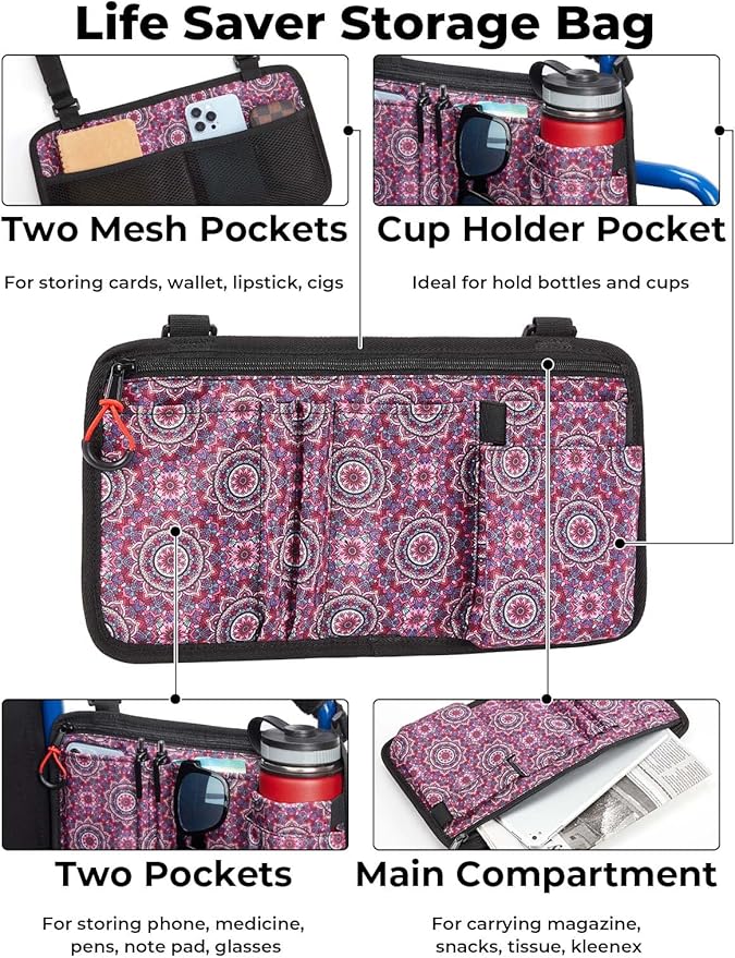 JOYTUTUS Walker Side Bag, Wheelchair Armrest Storage Pouch with Cup Holder, Wheelchair Accessories for Seniors, Walker Bag Cup Holder for Walker, Rollator, Electric Scooter or Wheelchair Red