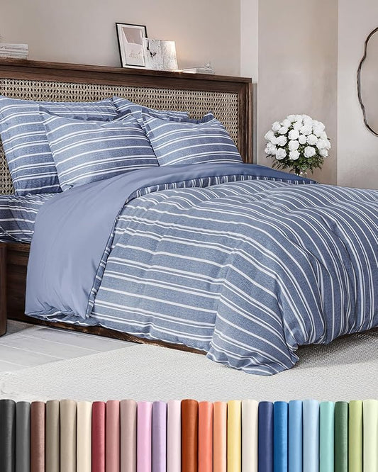 Duvet Cover Cal King Size Set - Extra Soft Cal King Size Duvet Cover 104 x 98 with 2 Pillow Shams - Hotel Luxury and Fade Free w/Zipper Closures & Ties - Comfy Breathable Bedding Set (Blue Stripes)