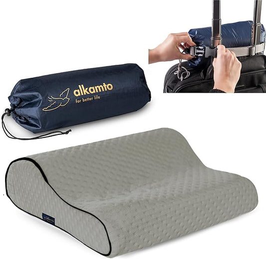 alkamto Travel & Camping Comfortable Memory Foam Pillow – Easy to Carry Portable Bag – Temperature Regulating Pillow Case (Grey Contour)