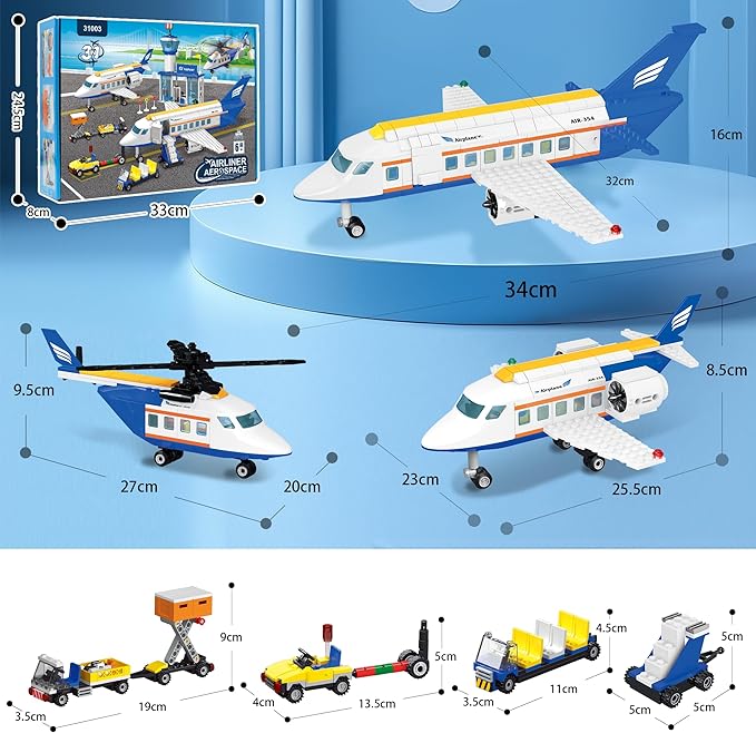 City 3 in 1 Airplane Building Set with Light, 717 PCS Toy Plane Building Blocks Kit with Airport Terminal, Luggage Truck, Aircraft STEM Toys Gift for Boys Girls Kids 6 7 8 9+ Years Old