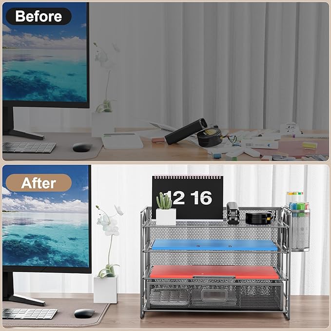 Marbrasse Desk Organizer and Accessories4-Tier Paper File Letter Tray Accessories & Workspace Desk Organizers with Drawer and 2 Pen Holders for School Home Office Supplies (Grey)