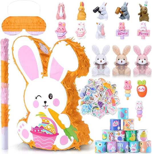 139 Pcs Easter Bunny Pinata Set for Birthday Party Pinata Egg Easter Decoration Party Fiesta Games Supplies Easter Props with Blindfold Toy and Baton Kids Animal Favors Gifts for Boys Girls