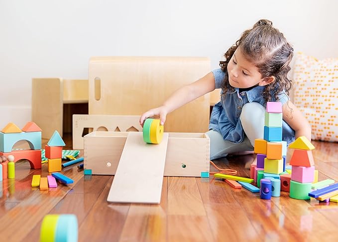 LOVEVERY | The Block Set | Solid Wood Building Blocks and Shapes + Wooden Storage Box, 70 Pieces, 18 Colors, 20+ Activities, Toddler Block Set and Converts into a Pull Car, Ages 12 to 48+ months