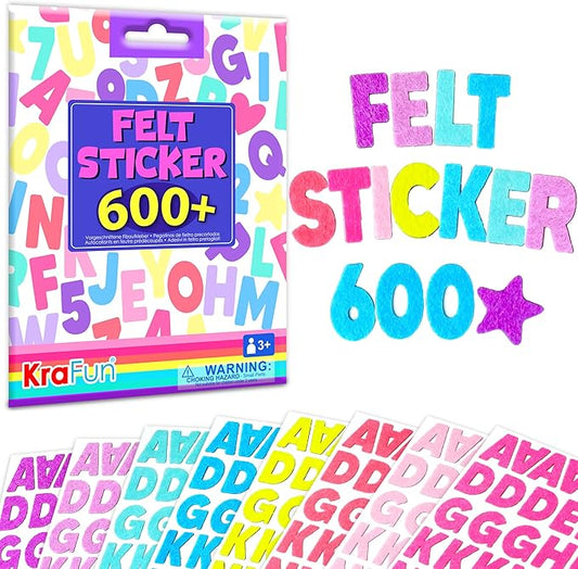 KRAFUN Felt Sticker Kit for Beginner Young Girls and Kids Arts & Crafts, Pack of 600 Assorted Scrapbook Stickers Alphabets, Numbers, Fun Shapes, Preschool, Children Early Learning, self Adhesive