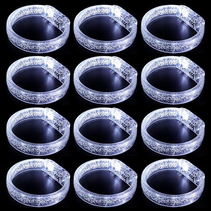 LED Light up Bracelets, White Glow Wristbands Party Favors Toys Supplies for Birthday, Halloween, Carnivals Parties for Kids over 3 Years Old, Clear Case 12 Pack