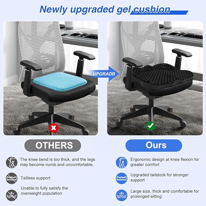 Thicken 19.7in Seat Cushion, Gel Seat Cushion for Long Sitting–Office Chair, Wheelchair, Car Cushion, Large Cooling Pad for Back Pain, Sciatica, Tailbone Pain Relief