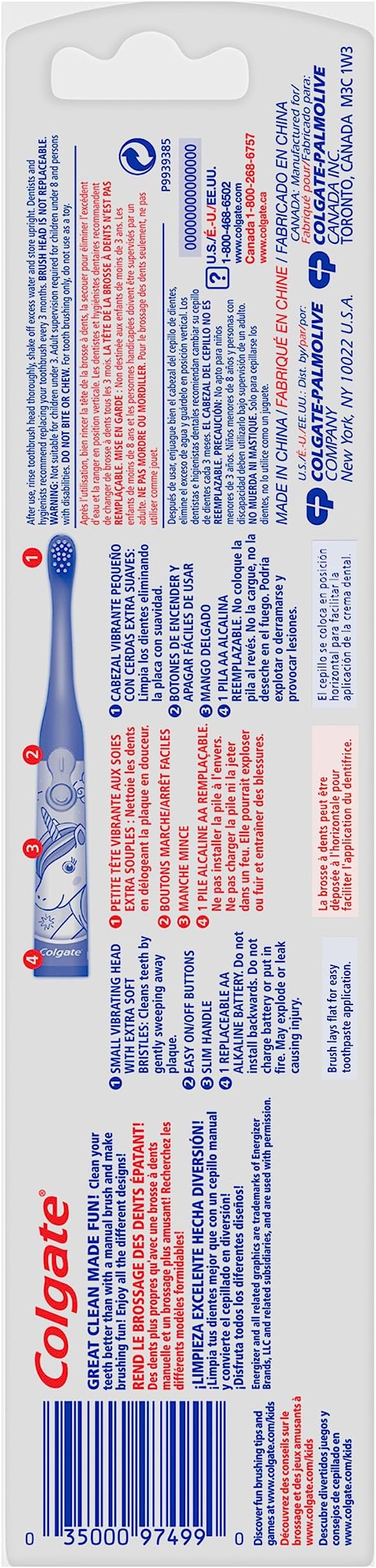 Colgate Kids Battery Powered Toothbrush, Unicorn, Extra Soft Toothbrush, Ages 3 and Up, 2 Pack