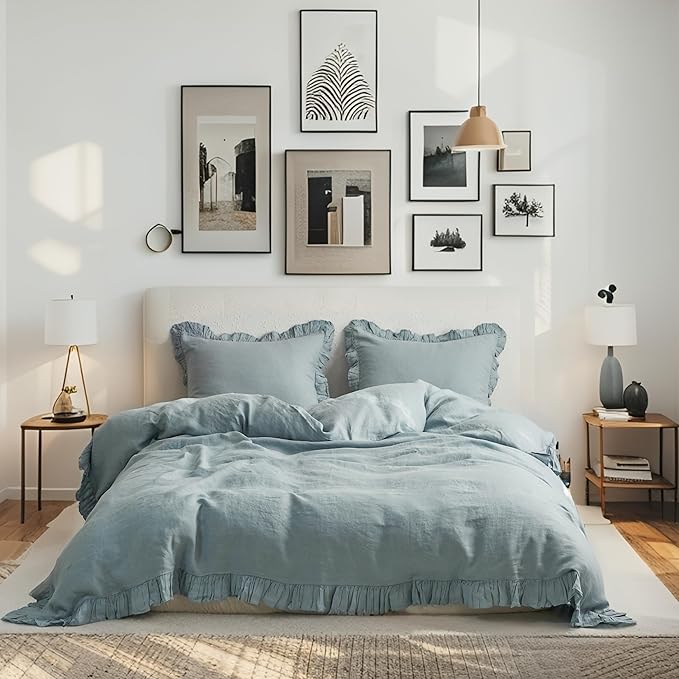 Simple&Opulence 100% Linen Duvet Cover Set, 3 PCS Natural French Flax Dusty Blue Ruffle Duvet Cover King Size, Breathable Comfy Linen Bedding Comforter Cover with 2 Pillowcases(Dusty Blue, 104" X 92")