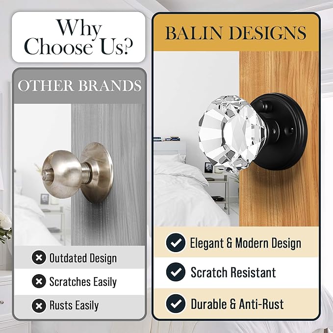Clear Crystal Door Knob with Lock, Glass Door Knobs Interior Privacy Set, Vintage Decorative Antique Style Handle for Bedroom, Bathroom, Closet, 2 Pack