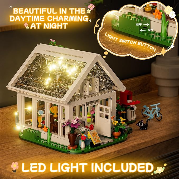 Flower House Building Set with LED Lights,Flower Shop Building Kits Creative Floral Greenhouse Kit for Girls Age 6+ (625PCS)