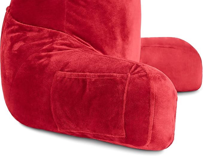 Husband Pillow Red, Original Reading Pillow in Bed Rest Chair, Shredded Memory Foam Large Lounge Cushion Adult Backrest with Arms, Comfy Back Support for Sit Sitting Up, Washable/Removable Cover