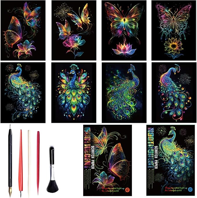 Georgie Porgy Scratch Paper Art Set for Kids Adults Magic Rainbow Scratchboards for DIY Arts and Crafts Kits Christmas Birthday Gift with Scratching Tools Kit (A4-Noctilucent Butterfly + Peacock)