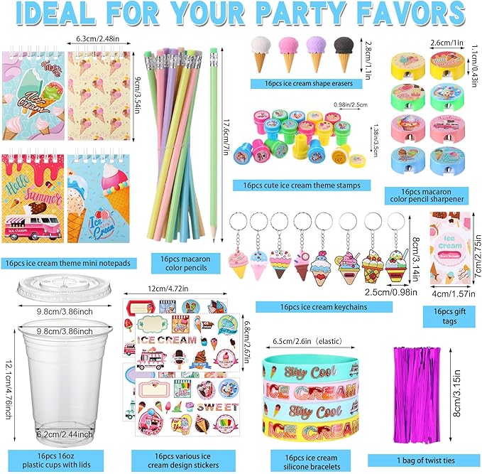 Colarr 161 Pcs Ice Cream Party Favors School Stationery Set Includes Gift Cup Notebook Pencil Sharpener Eraser Keychain Stamp Slap Bracelet Sticker Card Valentine's Day gift for Child Supplies