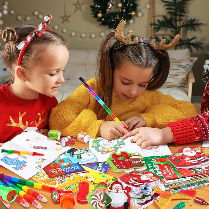 BenLouis Christmas Party Favors for Kids Christmas Classroom Gifts Prize Stockings Filler Coloring Books Bulk for Students Crafts Xmas Holiday School Goodie Bag Stuffer（24Set Christmas）