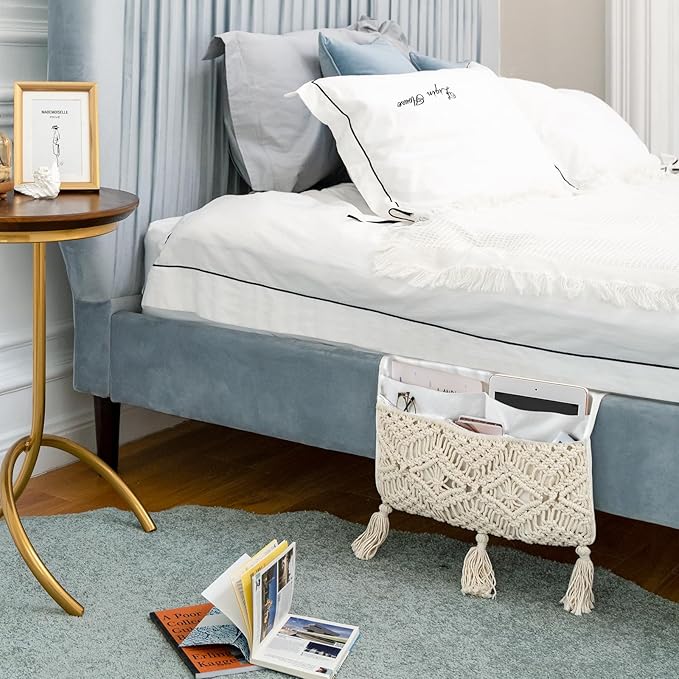 Mkono Macrame Couch Organizer Remote Control Caddy Sofa Armrest Armchair Bedside Storage Holder Bag for TV Remote, Magazine, Books, Cell Phone, iPad, Boho Living Room Home Dorm Decor, Beige, Large