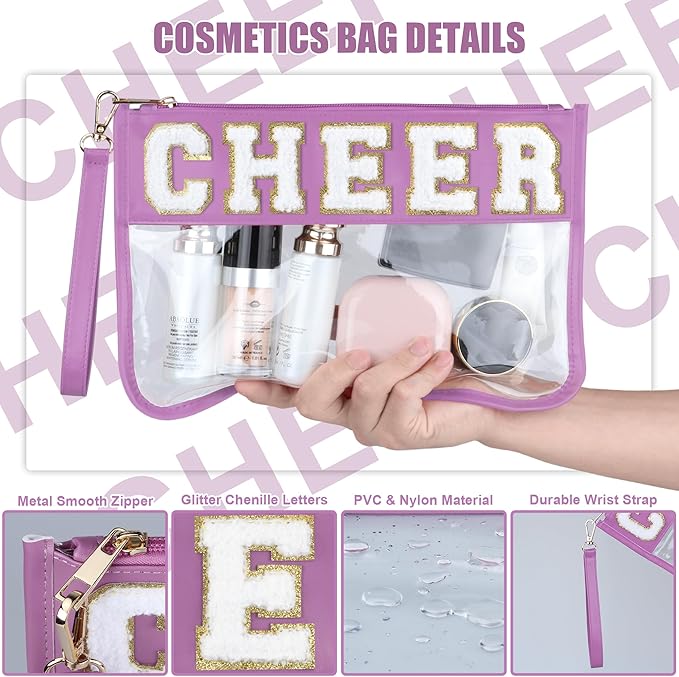 BuyCard Cheer Chenille Letter Bags Clear Makeup Bag, Cheerleader Gifts Cosmetic Bag, Varsity Preppy Patch Flat Pouch Cheer Accessories, Waterproof PVC Organizer Toiletry Bag for Women Girls Purple