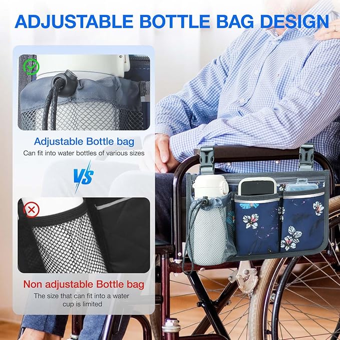 Wheelchair Bag, Walker Bag, Wheelchair Side Bag, Armrest Organizer Pouch with Cup Holder Attachment and Reflective Strip, Accessories for Most Wheelchairs, Walker, Rollators, Navy Floral