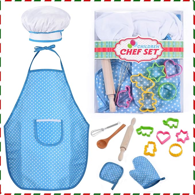 HmiL-U Chef Set for Kids - 13 Pcs Kids Cooking and Baking Set Includes Kids Apron, Chef Hat, Utensils, Cooking Mitt for Kids Chef Role Play Set , Gift for 3 Year Old Girls and up(Blue)