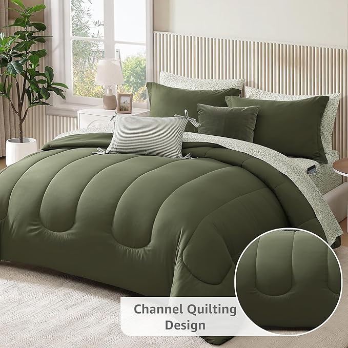 Monbix Queen Comforter Set - 7 Pieces Olive Green Bed in a Bag Queen Track Stitching Bedding Sets, All Seasons Comforter Bed Set with Sheets,Pillowcases & Shams