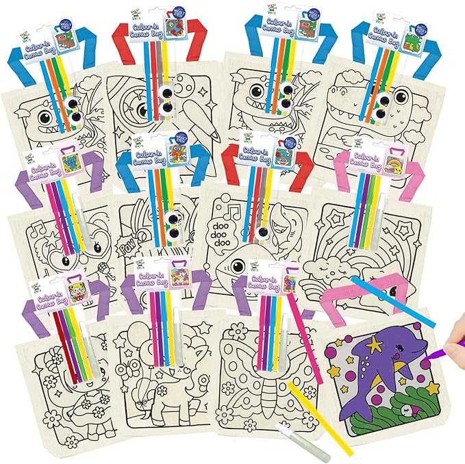 8 Pieces Kids Coloring Goodie Bags, Reusable Canvas Bag, Cute Art Party Favors, Color Your Own Bags for DIY Painting Birthday Carnival Celebration, Party Supplies Gift, Girls and Boys