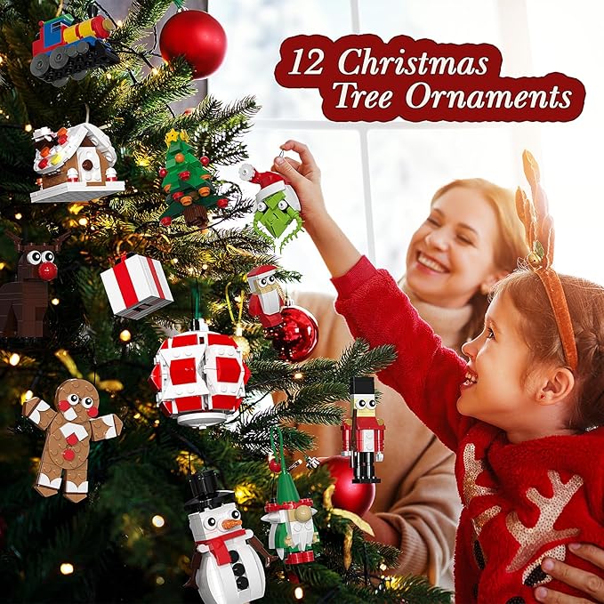 DreamCreators Christmas Ornaments Building Block with Strings for Christmas Tree 2024 New Sets,12 Pack Xmas Hanging Decorating Toys for Kids 6-12 Festival Pendants Holiday Favor Buildable Kits