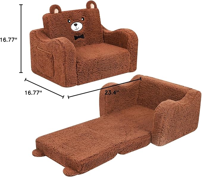 Kids Chairs for Toddler, 2-in-1 Toddler Soft Sherpa Couch Fold Out, Convertible Sofa to Lounger for Girls and Boys, Teddy Bear, Brown