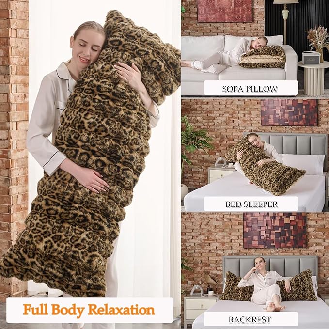 20x54 Fluffy Leopard Print Full Body Pillow,Cheetah Print Plush Fuzzy Faux Fur Body Pillows,Ultra Soft Bed and Sofa Pillow for Side Sleeper & Pregnancy,Big Hug Double Pillow,Furry Long Pillows-Brown